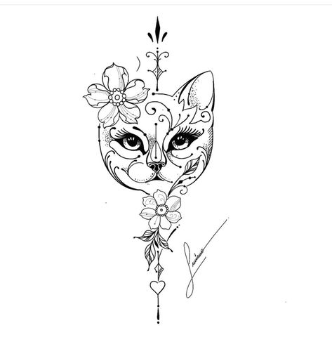 Cat Tattoo Mandala, Cat With Flowers Tattoo, Cat Mandala Tattoo, Face Profile Drawing, Cat Face Tattoos, Cat Portrait Tattoos, In Loving Memory Tattoos, Tattoo Over Scar, Mystical Tattoos