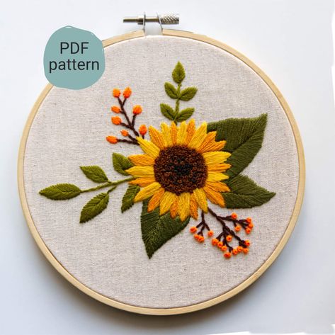 Sunflower Embroidery Pattern # Sunflower #embroiderypattern #sunflowerembroidery #floralembroidery #handembroidery Sunflower Embroidery Pattern, Hand Embroidery Beginner, Embroidery Beginner, Sunflower Embroidery, Beginner Embroidery, Hand Embroidery Dress, Wedding Embroidery, Embroidery Template, Hand Embroidery Patterns Flowers