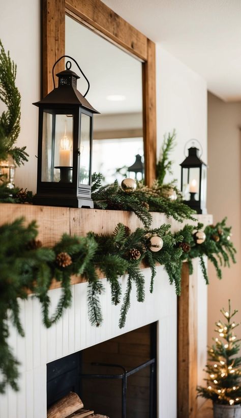 Vintage lanterns make a charming addition to winter mantel decor. I love using old metal or glass lanterns to create a cozy atmosphere. They bring a touch of nostalgia and warmth to the space. Candle Lanterns Decor Ideas, Winter Mantels After Christmas, Traditional Fireplace Mantle, Decorate Fireplace, Winter Mantel Decor, Farmhouse Mantle Decor, Mantle Styling, Farmhouse Mantle, Winter Mantels