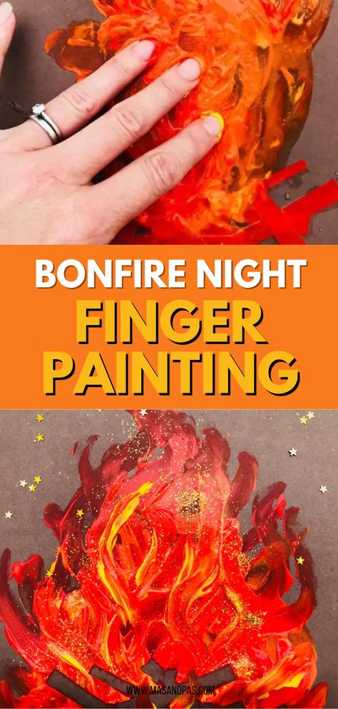 Create beautiful Bonfire Finger Paintings with your kids this season! Let their creativity blaze as they use their fingers to paint vibrant flames against the night sky. A perfect autumn art activity that sparks imagination and family fun. #BonfireArt #KidsCrafts #AutumnActivities Fire Eyfs Activities, Bonfire Night Early Years Activities, Bonfire Arts And Crafts, Bonfire Night Outdoor Activities Eyfs, Bonfire Activities Eyfs, Bonfire Night Crafts For Toddlers, Campfire Activities For Preschool, Bonfire Night Activities For Toddlers, Bonfire Night Crafts For Kids