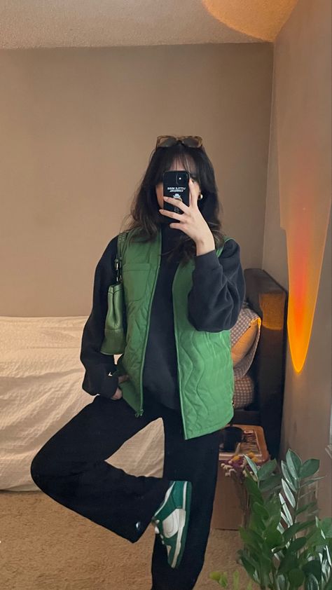 Minimal Outfits For Women Winter, Nike Dunks Fall Outfit, Sporty Baggy Outfit, Stussy Vest Outfit, Womens Stussy Outfit, Black Women Dunks Outfit, Green Vest Outfit Aesthetic, Black Pants Street Style, Baggu Outfits Ideas