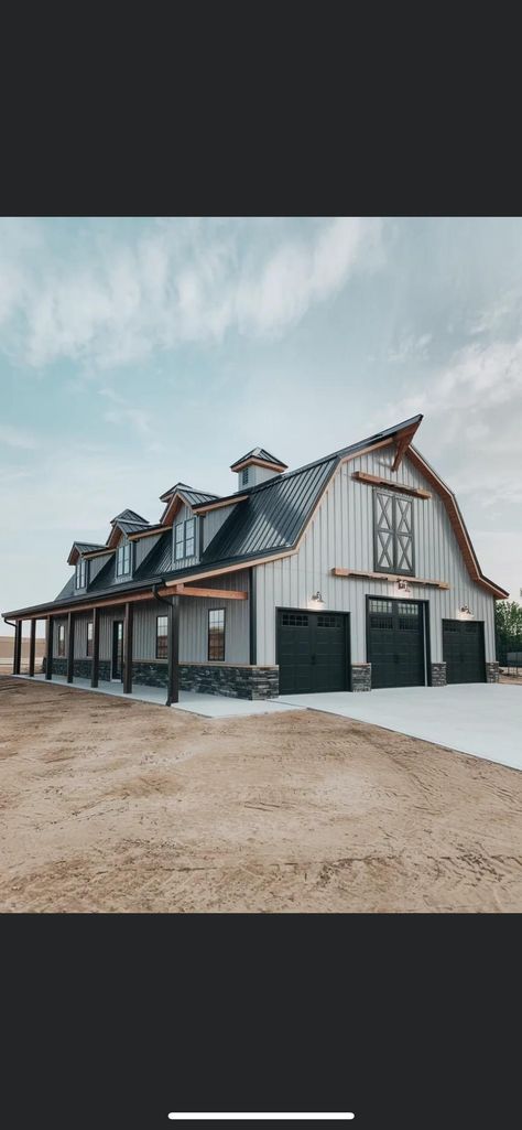 White Barndominium Black Trim, Barndominium Outside, Barn Exterior Ideas, Barn Shop Ideas, Shop Ideas Garage, Country Garage, Metal Pole Barns, Pole Shed, Barn Style Garage