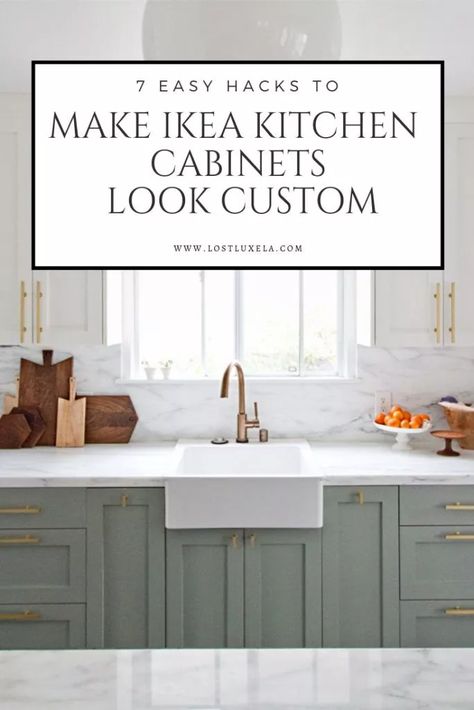 7 Easy Ways to Make Ikea Kitchens Look Custom | Lost Luxe Ikea Cottage Kitchen Ideas, Ikea Kitchen Blue Cabinets, Ikea Kitchen Wood Countertops, Ikea Custom Kitchen Cabinets, Kitchen Design Dark Wood Floor, Kitchen Remodel Ikea Cabinets, Ikea Kitchen Inspiration Modern, Ikea Custom Kitchen, Kitchen Diy Cabinets Ikea Hacks