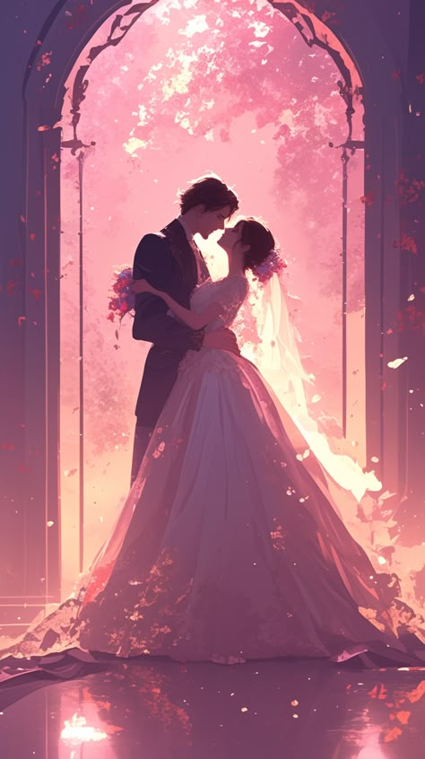 A fantasy romance art capturing a poignant moment of passion, featuring an enamored bride and groom sharing a tender wedding kiss, symbolizing eternal love and devotion. Romance Animation Art, Wedding Fanart, Art Romance, Wedding Drawing Ideas, Bride Art, Wedding Anime, Cute Fantasy Couple Art, Bride And Groom Art, Fantasy Couples Art