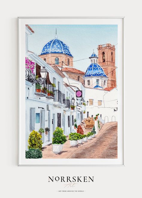 This watercolor painting of Altea in Alicante in Spain was created from my own original paintings and was printed in high-resolution images so you can download them instantly and print them yourself, either at home or by using a professional printing service! It’s an easy way to get high-quality artwork for less money than a physical art print. #altea #spain #alicante #watercolor #printable #wallart #cityscape #europe #housewarming #gift #painting Spain Art, Watercolor Art Prints, Alicante, Travel Gifts, Watercolor Print, Watercolor Painting, Printing Services, Watercolor Art, Les Oeuvres