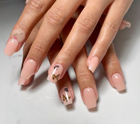 #shortnails #nudenails #butterfly #coffinnails Nude Nails With Butterflies, Short Nails Butterfly, Butterfly Short Nails, Short Butterfly Nails, Rose Gold Nails, French Tip Acrylic Nails, Butterfly Nail, Accent Nails, Short Acrylic Nails Designs