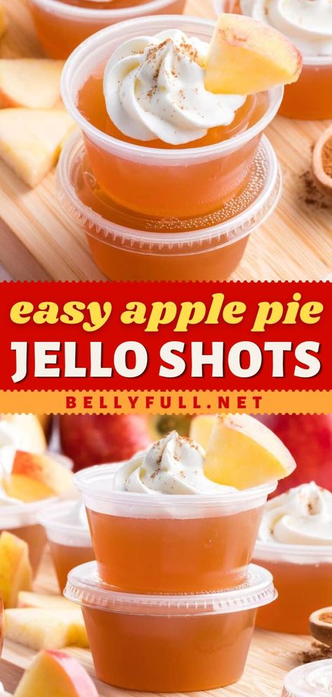 The perfect dessert to impress at your Thanksgiving party! It doubles as a fun cocktail recipe. Not only are these Apple Pie Jello Shots made with apple cider and apple whiskey, but it is also topped with whipped cream and cinnamon! Apple Pie Jello Shots, Fun Jello Shots, Easy Thanksgiving Dessert, Savory Apple Recipes, Apple Whiskey, Apple Recipes Healthy, Fall Parties, Thanksgiving Desserts Easy, Easy Apple Pie