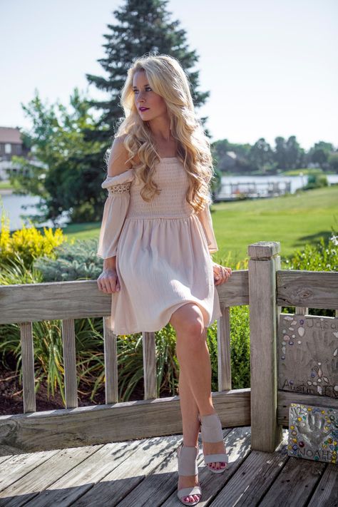 Olivia Rink, Suede Accessories, Taupe Heels, Female Inspiration, Off The Shoulder Dress, Taupe Color, Inspired Dress, Girl Style, Lv Bag