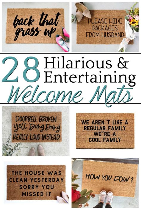 A home decor shopping guide with 28 of the most hilarious, entertaining, and cheeky welcome mats to add personality to your porch or entryway. #welcomemat #porchdecor #blesserhouse Diy Door Mats With Cricut, Door Mats Outdoor Front Porch, Cricut Doormat Ideas, Entryway Mat Outdoor, How To Make A Door Mat, Fun Welcome Mats, How To Make Door Mats With Cricut, Spring Door Mat Ideas, Door Mat Design Ideas