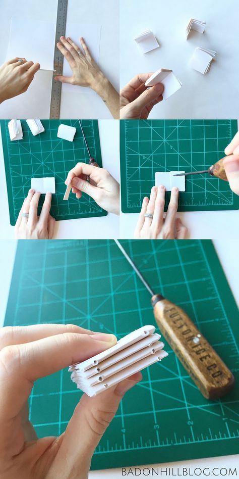 Tutorial: How to Make a Tiny Leather Book Necklace by the Badon Hill Blog - Preparing the Paper Large Leather Journal, Mini Books Diy, Bookbinding Tutorial, Book Pendant, Book Binding Diy, Book Necklace, Leather Book, Leather Scraps, Needle Thread