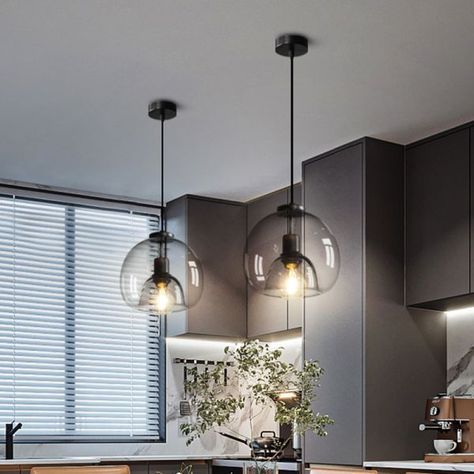 Pendant Lights Over Kitchen Island Black Modern, Hanging Dome Light, Clear Glass And Black Pendant Light, Glass Black Pendent Island Lights, Black Mesh Pendant Lights, Glass Ball Pendant Lighting, Glass Globe Pendant Light, Ball Pendant Lighting, Minimalist Dining Room