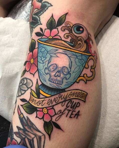 Traditional Teacup Tattoo, Cup Of Tea Tattoo, Woodstock Illinois, Coffee Cup Tattoo, Tea Tattoo, Teacup Tattoo, Barcode Tattoo, Side Thigh Tattoos, Neo Trad Tattoo