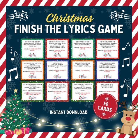 Looking for a fun activity for your friends or family this holiday season? This printable Christmas Finish the Lyrics Game will do the trick! See how well you know your Christmas songs and carols. The object of the game is for each of the two teams to finish the lyrics to the Christmas song that is read.  WHAT YOU RECEIVE: The "Finish the lyrics" Christmas game includes:  ⭐ 60 printable cards: 6 cards per sheet, 10 Letter-sized (8.5"x11) PDF pages ⭐ 2 pages with the complete list of songs for re Christmas Plays, Christmas Song Picture Game, Christmas Finish The Lyrics Game, Holiday Music Games, Christmas Song Games Free Printable, Christmas Finish The Lyrics Game Free, Christmas Song Pictionary, Christmas Song Games, Christmas Song Trivia