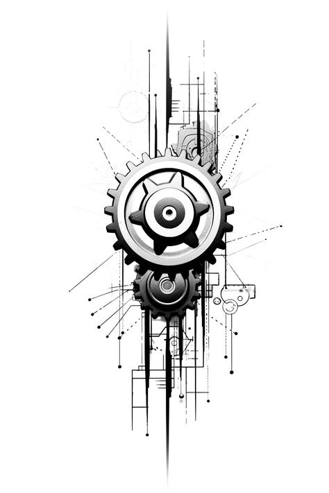 Big Round Gear Tattoo Design With Lines #geartattoo #mechanicaltattoo #handyman #gearstar Gear Tattoo Mechanical, Mechanical Gears Drawing, Time Machine Tattoo, Gear Tattoo Design, Mechanical Tattoo Design, Hex Tattoo, Gears Tattoo, Mechanical Sleeve Tattoo, Design With Lines