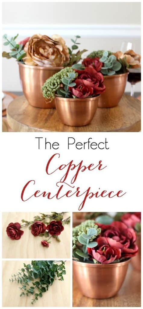 Copper Centerpieces Table, Copper Flower Arrangements, Valentine Banquet, Floral Projects, Home Decor Catalogs, Fall Love, Thanksgiving Tablescape, Fall Pillow, Copper Vase