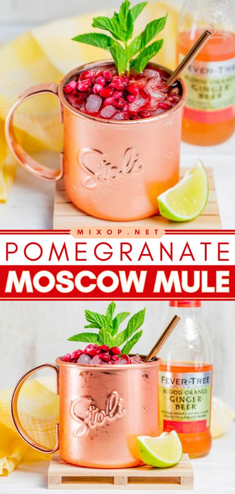 An alcoholic drink for your Thanksgiving dinner party menu! This Thanksgiving cocktail recipe is a spin on the classic. Refreshing with a festive color, this Pomegranate Moscow Mule is irresistible! Spicy and other variations included! Thanksgiving Mule, Pomegranate Molasses Cocktail, Pomegranate Mule Holiday Cocktails, Flavored Moscow Mule, Christmas Cocktails With Pomegranate, Drinks With Pomegranate Liquor, Pomegranate Mule, Pomegranate Moscow Mule, Fun Christmas Cocktails