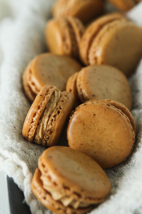 COFFEE MACARONS WITH DULCE DE LECHE CREAM - Julies Apron Coffee Macaroons Recipe, Coffee Macarons, Vanilla Bean Macarons Recipe, Caramel Filling For Macarons, Banana Cream Pie Macaron, Coffee Macaroons, Electric Hand Mixer, Cream Of Tarter, How To Make Macarons