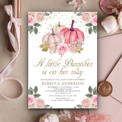 Little Pumpkin Pink Gold Floral Baby Shower Invitation Pink Pumpkin Baby Shower, Elegant Pumpkins, Fall Baby Shower Invites, Floral Baby Shower Invitations, Pumpkin Baby, Baby Shower Pumpkin, Pink Pumpkins