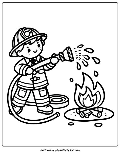 a fearless firefighter extinguishing a fire! Fire Fighter Coloring Pages For Kids, Fire Week Crafts For Toddlers, Fire Safety Coloring Pages Free, Firefighter Preschool Crafts, Firefighters Drawing, Fire Truck Coloring Page, Fire Fighter Coloring Page, Fireman Crafts Preschool, Firetruck Crafts For Preschool