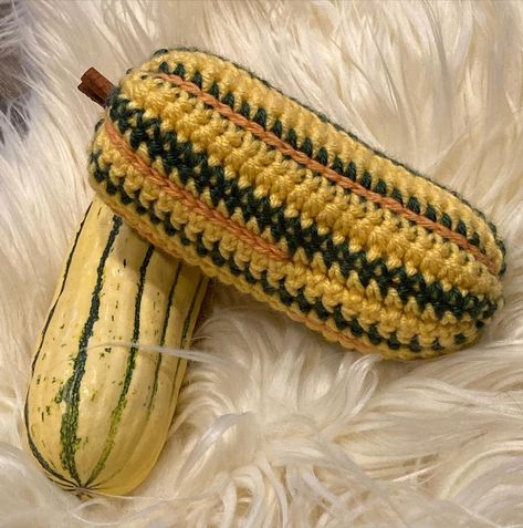 Simone | Scorpio Crochet on Instagram: “It’s a gourd! It’s a squash? It’s crocheted! • • My most recent little squash friend - the delicata. I’m in LOVE with it and I’m super…” Indoor Halloween Decorations, Delicata Squash, Autumn Decoration, Pumpkin Halloween Decorations, Crochet Pumpkin, Halloween Decorations Indoor, Halloween Crochet, Round Decor, Yellow Stripes