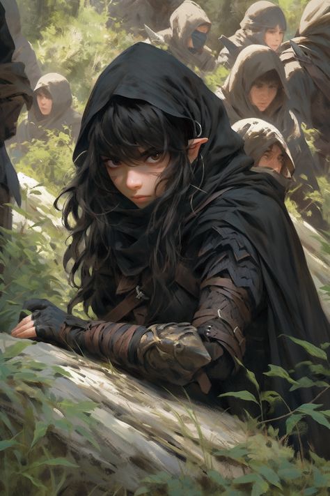 Wood Elf Ranger Female Dnd, Rogue Elf Female, Elf Ranger Female Dnd, Elf Rogue Female Dnd, Black Haired Elf, Female Elf Art, Half Elf Dnd, Rogue Dnd, Ranger Dnd