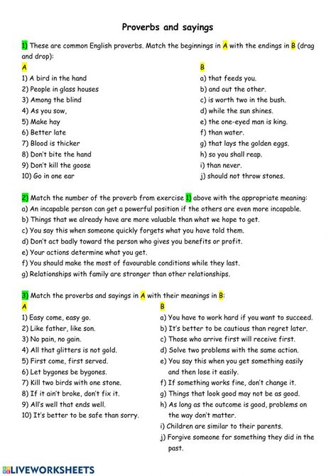 Proverbs and sayings, adages worksheet Adages And Proverbs, Fifth Grade Writing, Proverbs English, Activity Worksheet, Teaching Vocabulary, Social Skills Activities, Language Worksheets, Egg Drop, Olivia Rose