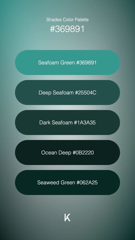 Shades Color Palette Seafoam Green #369891 · Deep Seafoam #25504C · Dark Seafoam #1A3A35 · Ocean Deep #0B2220 · Seaweed Green #062A25 Hex Color Palette, Ocean Green, Ocean Depth, Ocean Mist, Muted Green, Hex Codes, Hex Colors, Summer Breeze, Aqua Green