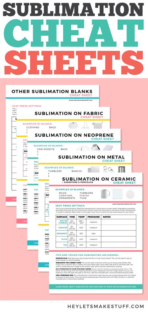 Need a quick and easy way to know the time, temperature, and pressure settings for popular sublimation blanks? These sublimation cheat sheets give you the answers, plus offer tips and tricks for getting your sublimation transfer right the first time. Sublimation Gifts, How To Use Cricut, Sublimation Ideas Projects Inspiration, Projets Cricut, How To Use Photoshop, Cricut Projects Beginner, Infusible Ink, Circuit Projects, Creative Corner