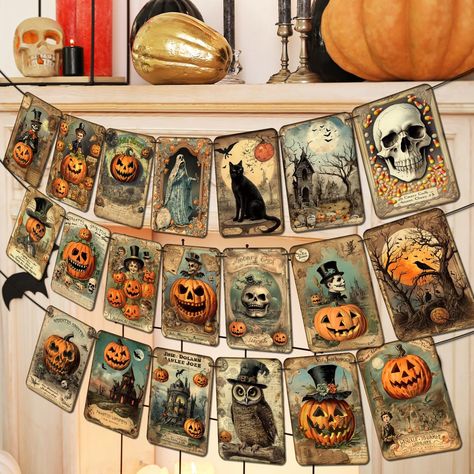 PRICES MAY VARY. EXQUISITE COMBINATION: You will get 1pc vintage Halloween banner with 20 cards ( 7.68’’ x 5.5") in different vintage designs, such a rich and exquisite combination can easily meet all your Halloween decoration needs, let’s decorate your Halloween party with your family and friends. VINTAGE DESIGN: Our vintage Halloween decorations are in retro design with classic Halloween elements such as pumpkins, cats and skeletons, slightly scary colours of castles and darkness, creating a t Labu Halloween, Office Party Decorations, Paper Bunting, Carte Halloween, Pumpkin Garland, Halloween Garland, Bunting Flag, Vintage Halloween Decorations, Hanging Garland