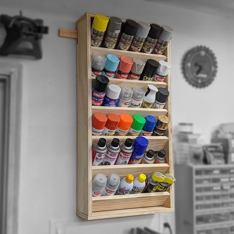 Here are detailed drawings for the paint can storage rack I made. It's relatively simple but holds a bunch of paint cans, or similarly sized cans, on your wall! Diy Paint Can Storage, Storing Spray Paint Cans Ideas, Aerosol Can Storage, How To Store Paint Cans, Paint Can Storage Ideas, Paint Can Storage, Spray Can Storage, Spray Paint Storage, Tool Wall Storage