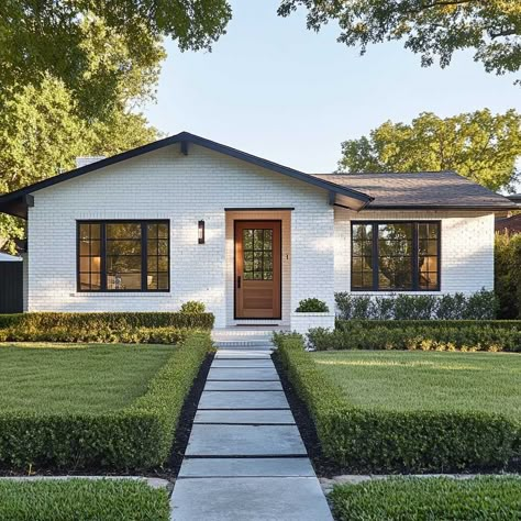 How Brick Accents Elevate Bungalow Exterior Design • 333+ Inspiring Lifestyle Ideas Modern Brick Bungalow, Bungalow Ranch House, Modern California Bungalow Exterior, Mid Century Bungalow Exterior Makeover, Small Brick Home Exterior, Midcentury Exterior House, Houses With Big Front Windows, Ranch Style Bungalow Exterior, Classic Bungalow Exterior