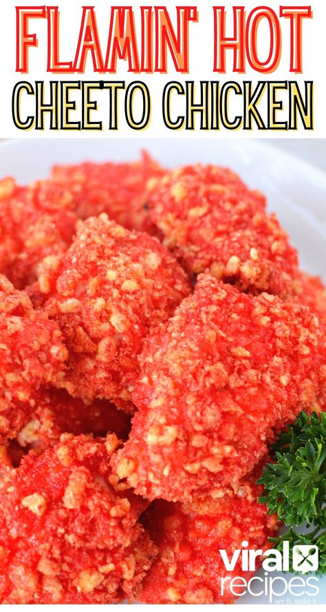 Use Flamin' Hot Cheetos (any flavor!) to make crunchy crispy baked chicken with the spicy taste of Cheetos! Flamin’ hot Cheeto chicken tenders are an easy, Cheeto cheesy, spicy, and epic chicken bite you can make in your kitchen.If you love a crispy chicken strip and a bag of Flamin Hot Cheetos, this combination will be the flavorful chicken of your dreams! #chicken #strips #nuggets Hot Cheeto Chicken Tenders, Hot Cheetos Chicken Tenders, Hot Cheeto Chicken, Cheeto Chicken, Hot Cheetos Chicken, Cheetos Chicken, Cheetos Flamin Hot, Spicy Chicken Bites, Flamin Hot Cheetos