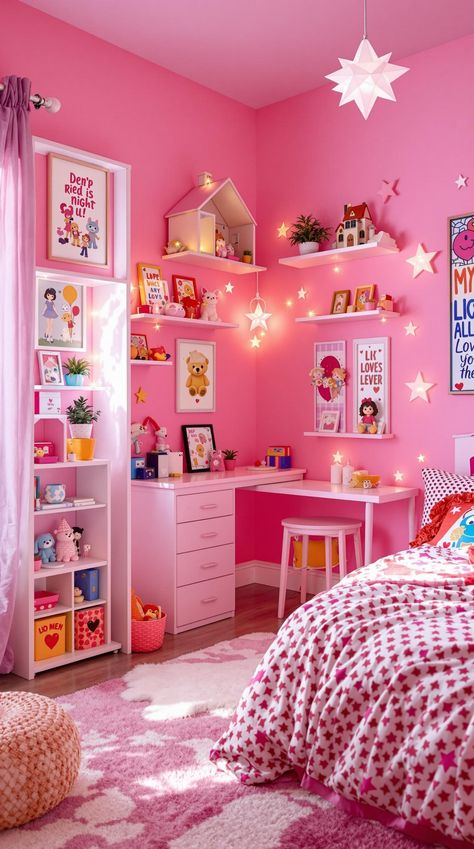 Pink Bedroom Ideas Barbie Themed Bedroom Ideas, Girls Bedroom 6 Yrs Old, Kids Bedrooms Girls Dream Rooms, Funky Bedroom Inspirations, Pink Theme Room Bedroom Ideas, Maximalist Decor Bedroom Pink, Hot Pink Kids Room, Pink Room Ideas For Kids, Pink Bedrooms For Girls Kids