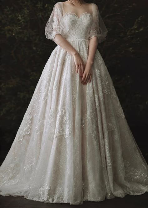 Historically Inspired Wedding Dress, Elvin Wedding Dress, Mcm Wedding Dresses, Cozy Wedding Dress, Wedding Dress Victorian Style, Howls Moving Castle Wedding Dress, Victorian Wedding Dress Aesthetic, White Wedding Dress With Flowers, Whimsical Garden Wedding Dress