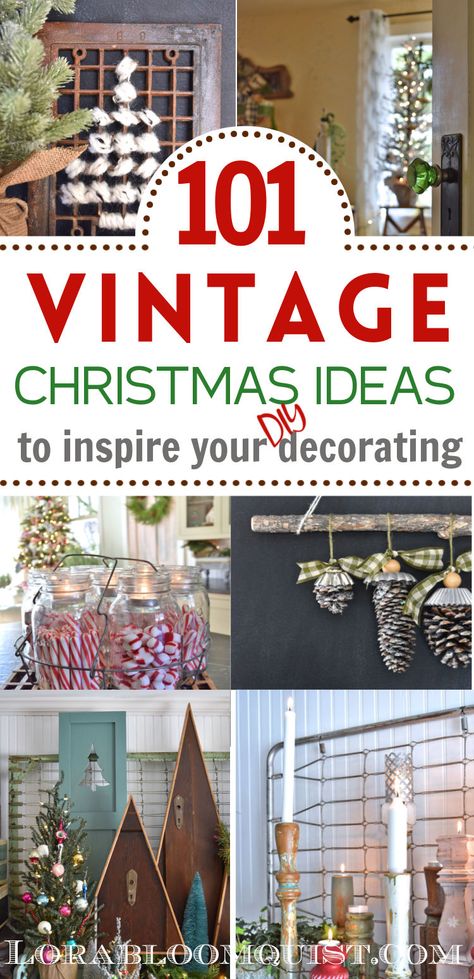 Repurposed vintage decorating ideas to DIY for Christmas including  upcycled old doors, spindles and vintage kitchen items. Xmas Crafts Decorations, Vintage Christmas Crafts Diy, Old Fashion Christmas Decorating Ideas, Vintage Repurposed Items, Eclectic Decor Style, Cozy Vintage Christmas, Vintage Christmas Diy, Vintage Christmas Display, Vintage Christmas Decor Ideas