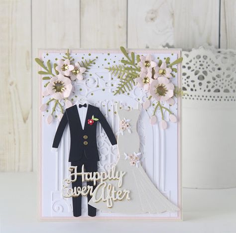 Quill and Punch Works: Spellbinders Wedding Season by Nichol Spohr | Cards Spellbinders Wedding Cards, Wedding Card Punch Art, Quilling Wedding Invitation, Quilled Wedding Invitations, Mr & Mrs Wedding Cards Handmade, Dress Card, Wedding Money, Seaside Wedding, Spellbinders Cards