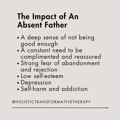 Growing up with an absent father, whether emotionally, physically or both, can leave deep scars. For many, the father represents a sense of safety, guidance and unconditional support. When this is missing, it can lead to feelings of abandonment, low self-worth and difficulty forming healthy relationships later in life. Children of emotionally absent fathers may struggle with emotional regulation, constantly seeking validation or approval, often feeling unseen or unheard. Without that nurturi... Emotionally Absent Fathers, Feeling Unseen, Seeking Validation, Break Quotes, Absent Father, Low Self Worth, Heart Break, Biological Father, Myers Briggs