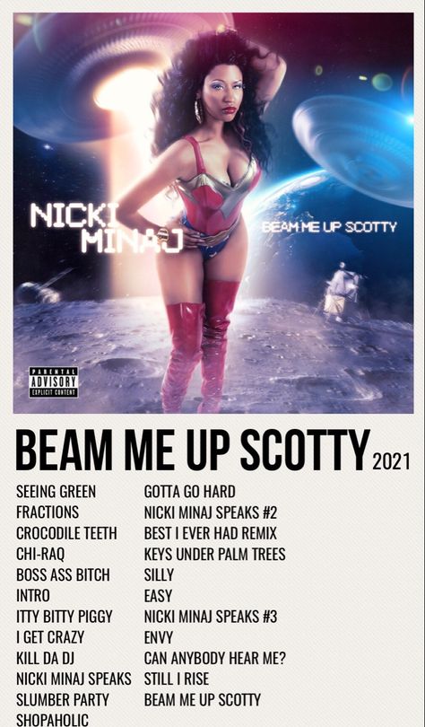 minimal poster of the albim beam me up scotty by nicki minaj Album Posters Nicki Minaj, Nicki Minaj Album Cover, Nicki Minaj Music, Nicki Minaj Album, Photoshoot Editing, Beam Me Up Scotty, Bob Marley Songs, Polaroid Album, Aesthetic Polaroid