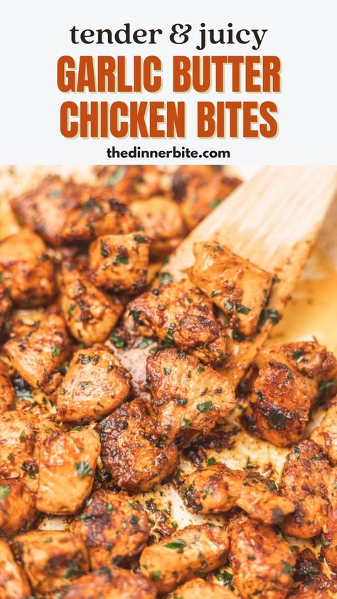 Discover the secret to tender and juicy Garlic Butter Chicken Bites that will leave your taste buds craving more! These mouth-watering bites are perfect for parties, family dinners, or even a cozy night in. Click here and learn how to make this scrumptious dish that will quickly become a family favorite! Good Easy Chicken Recipes, How To Cook Cubed Chicken, Chicken Bites Instant Pot, Chicken Bites And Potatoes Recipes, Easy Chicken Dinner Stovetop, Chicken Tender Bites Recipes, Chicken Cooked On Stove Top, Easy And Cheap Chicken Recipes, Minimal Ingredient Chicken Recipes