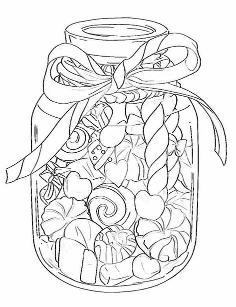 Christmas candies in a jar coloring page Jar Coloring Page, Candy Cane Coloring Page, Candy Coloring Pages, Christmas Coloring Pages For Kids, Nativity Coloring Pages, Our Mindful Life, Christmas Candies, Santa Coloring Pages, Christmas Peppermint