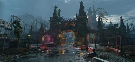 Horror amusement park, haowen Guo on ArtStation at https://www.artstation.com/artwork/el8Pgb Horror Amusement Park, Amusement Park Art, Abandoned Amusement Park, Ap Studio Art, Art Theme, Park Art, Amusement Park, Art Studios, Theme Park