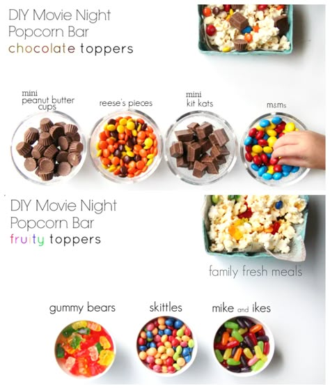 DIY Movie Night Popcorn Bar -- FamilyFreshMeals.com - Just think of all the different options from WinCo Bulk Foods! <3 Family Movie Night Snacks, Open Air Kino, Diy Movie Night, Hotel Transylvania 2, Movie Night Popcorn, Movie Night Snacks, Diy Snacks, Backyard Movie Nights, Chocolate Popcorn