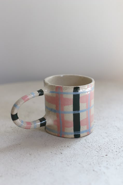 Ceramic Mug. Plaid Pottery Art. Handmade. Small Business Preppy Mug, Clay Trinkets, Flower Hacks, Ceramics Pottery Mugs, Food Microwave, Handmade Mug, Painted Mugs, Pinch Pots, Pottery Ideas