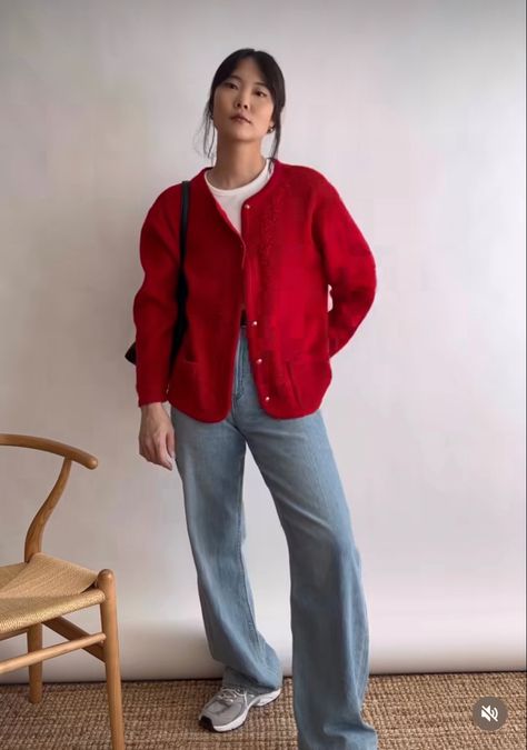 Red Fleece Jacket Outfit, Outfit With Red Cardigan, Red And Blue Outfit Aesthetic, Red Cardigan Outfit Aesthetic, Pop Of Red Outfit, Bright Red Outfit, Red Cardigan Outfit, A Line Top, Grandpa Fashion