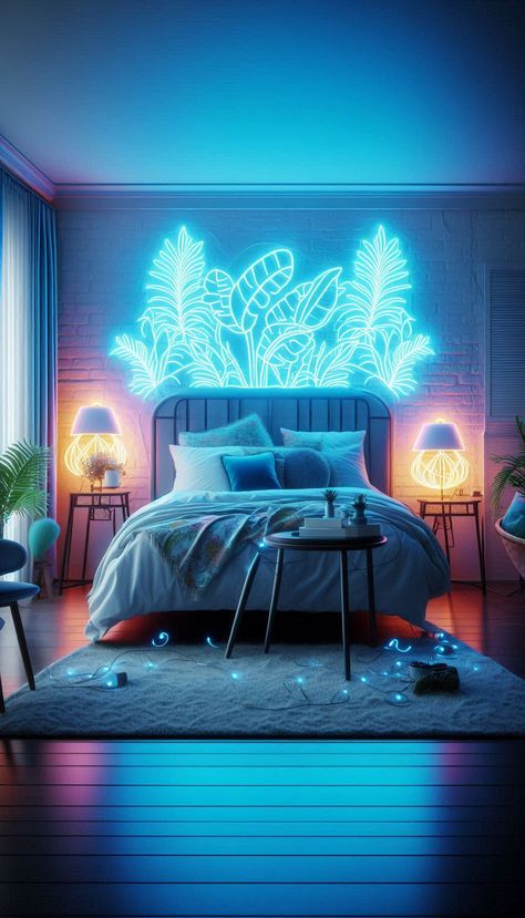 Level up your bedroom with this bold, neon-inspired design! The glowing botanical wall art creates a vibrant, tropical vibe, while soft blue and orange lighting brings an energetic atmosphere. Perfect for anyone who loves unique, colorful spaces with a futuristic edge.Ready to bring your bedroom to life? Pin this for your next neon room transformation! 🌟🌿 Blue And Orange Lighting, Couples Bedroom Decor Ideas, Neon Lights Room, Orange Lighting, Jungle Bedroom, Lights Room, Bedroom Vibes, Neon Jungle, Home Refresh