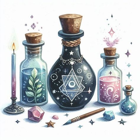 Magic Potion Bottles Drawing, Cauldron Drawing, Potion Bottles Drawing, Potion Drawing, Bottle Reference, Witchy Diy, Sticker Typography, Witch Potion, Bottle Drawing