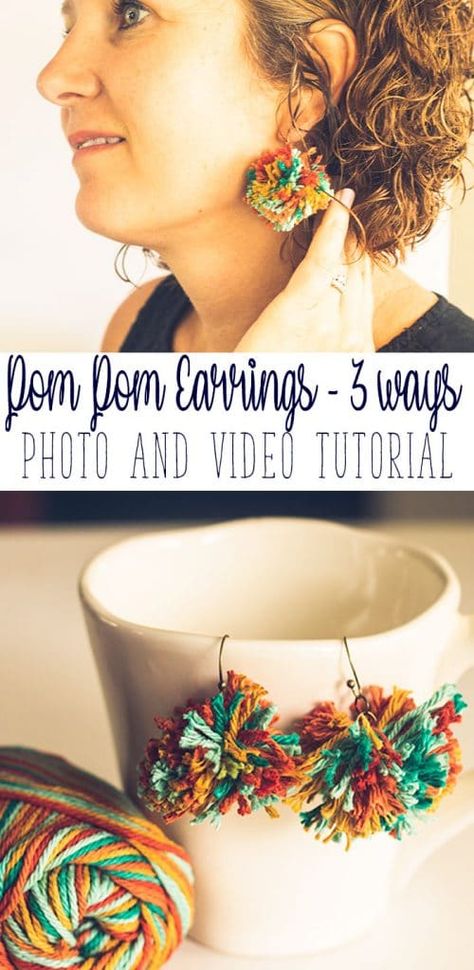 Make your own Pom Pom Earrings tutorial. Make yarn earrings three ways with video from Life Sew Savory How To Make Yarn Earrings, Diy Yarn Earrings, Yarn Earrings, Inspiration Crafts, Pom Earrings, Earrings Tutorial, Diy Pom Pom, How To Make A Pom Pom, Pom Pom Maker