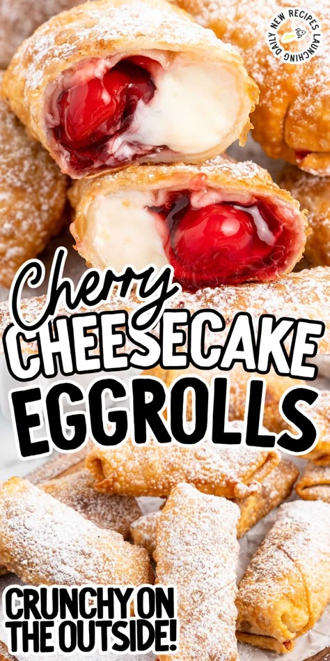 Cherry Cheesecake Egg Roll Recipe, Cherry Cheesecake Tacos Recipe, Fruit Eggrolls, Cherry Pie Egg Rolls, Philly Cheesecake Eggrolls, Dessert Eggroll Ideas, Eggroll Desserts, Cherry Cream Cheese Egg Rolls, Crispy Cherry Cheesecake Egg Rolls