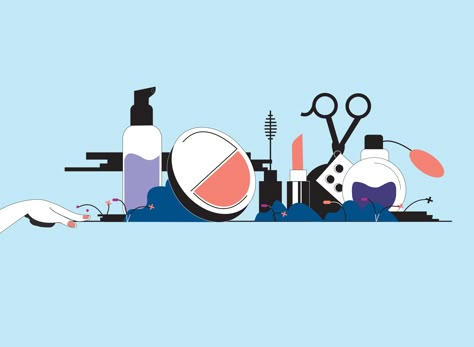 cosmetics shelf by Sara Taha Beauty Illustration Makeup, Flatlay Illustration, Cosmetic Illustration, Hair Salon Price List, Cosmetics Shelf, Hair Salon Prices, Cosmetics Illustration, Salon Price List, Colour Pallets