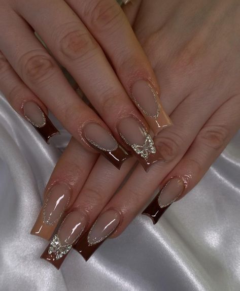 Nail Inspo Classy Square, Brown French Top Acrylic Nails, Brown Nails With Rhinestones, Nail Ideas Charms, Brown Nails With Gems, French Tips Gel Nails, Nails Bronze, French Tips Gel, Brown French Tips